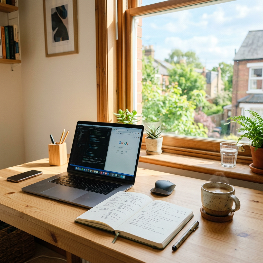 Laptop showing code and Google homepage, open notebook with notes, coffee cup, pen, and plants on wooden desk by window